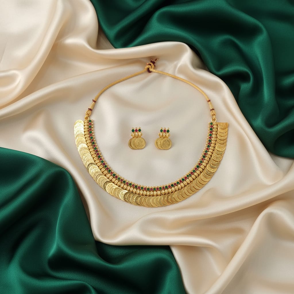 Lakshmi Kasu Mala Temple Coin Necklace Set with Earrings