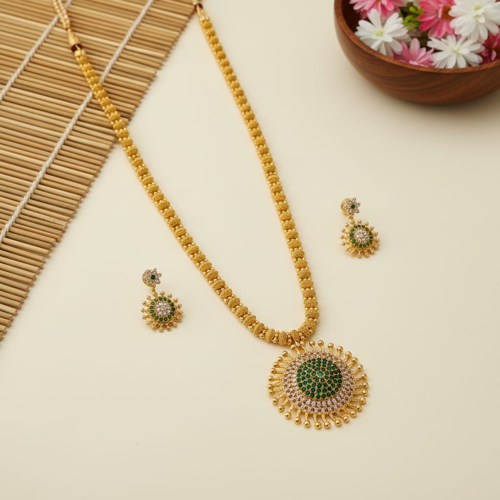 Gold Antique Sunburst Long Necklace Set
