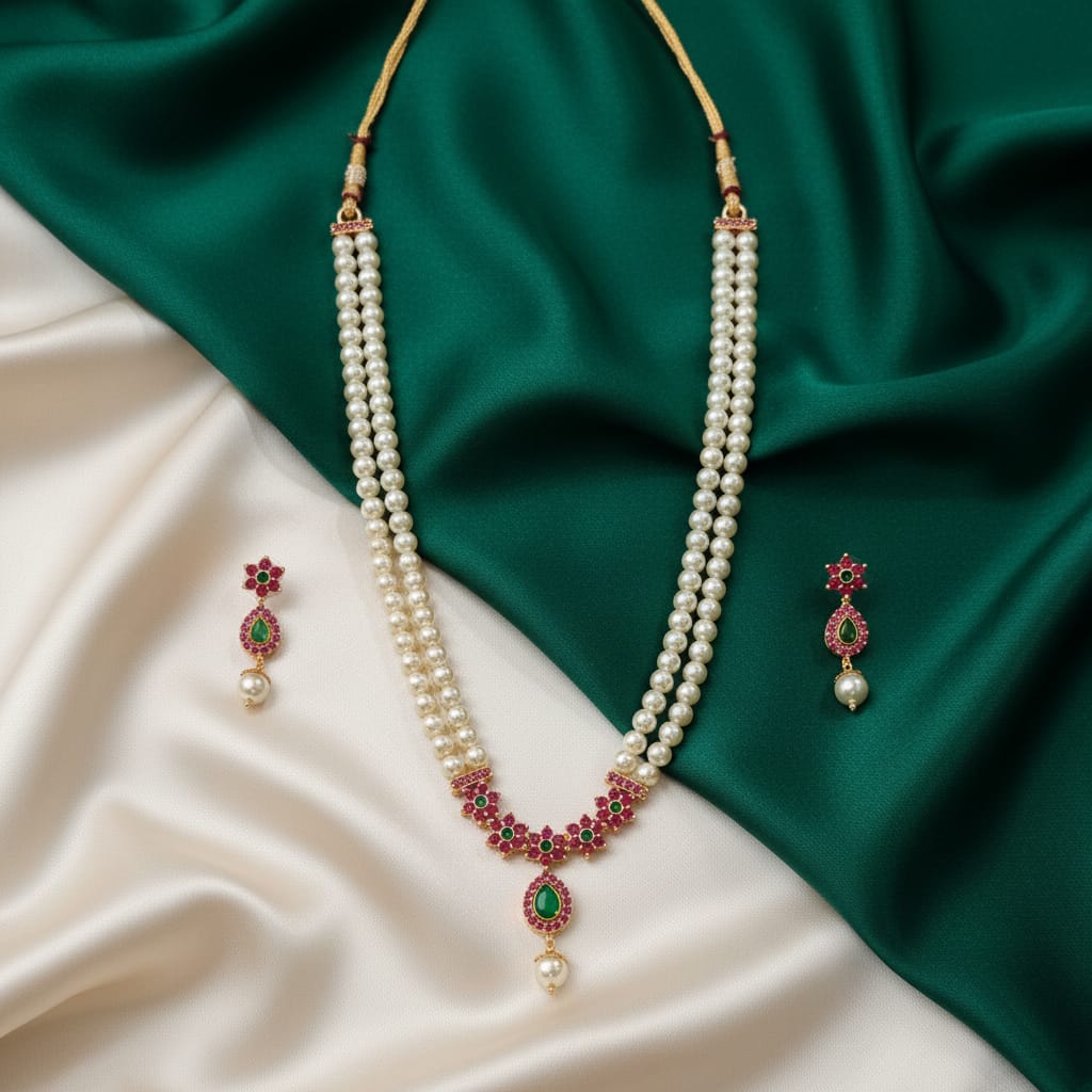 Double-Strand Pearl Long Necklace Set with Ruby & Emerald