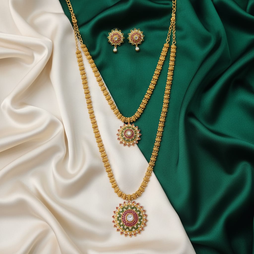 Micro Gold Dual Pendant Long Necklace Set with Earrings