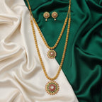 Micro Gold Dual Pendant Long Necklace Set with Earrings