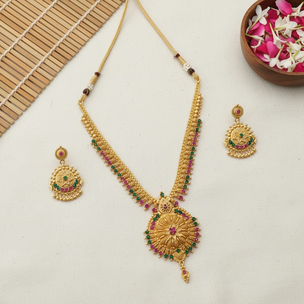 Antique Gold Floral Pendant Long Chain Set