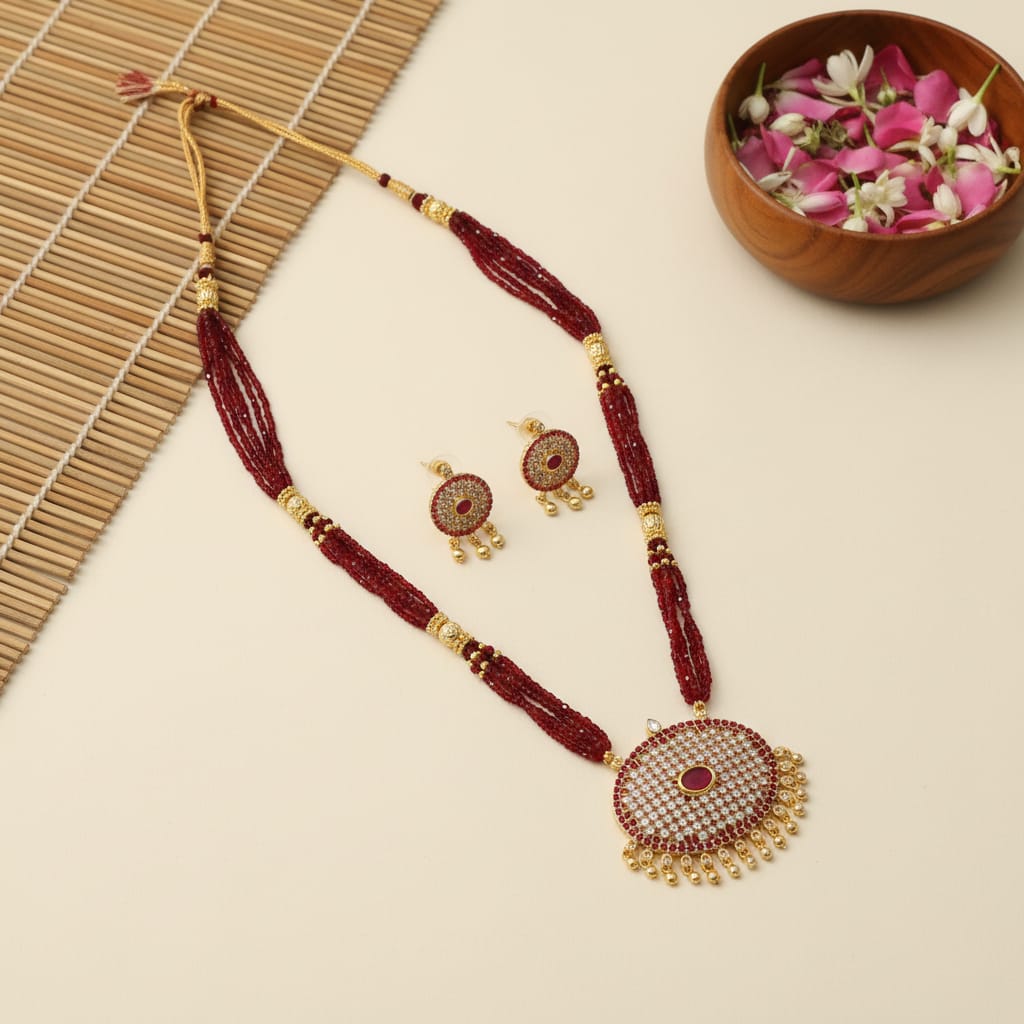Maroon Beaded Long Necklace Set with CZ Pendant & Earringsa