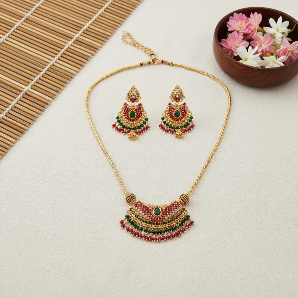 Gold Crescent Fan Necklace Set with Ruby & Emerald