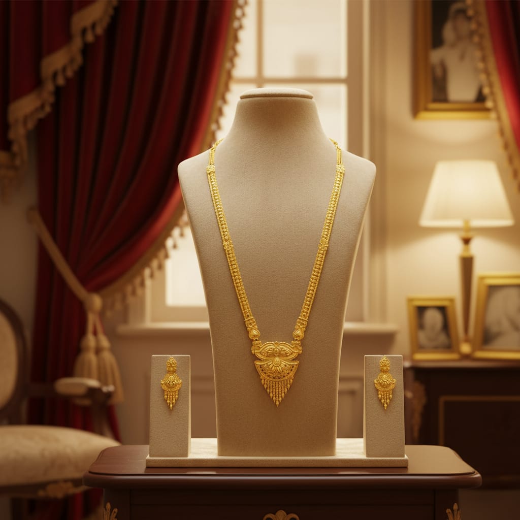 Micro Gold Plated Ranihaar Chain Set & Earrings | Bridal Long Chain