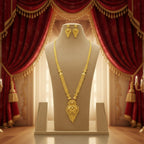 Micro Gold Plated Ranihaar Chain Set with Domed Floral Pendant & Earrings