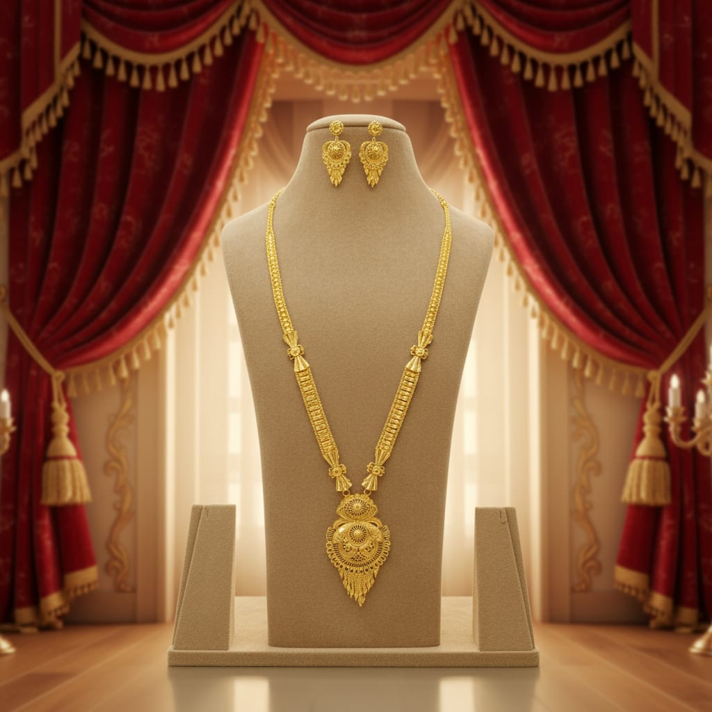 Micro Gold Plated Ranihaar Chain Set with Domed Floral Pendant & Earrings