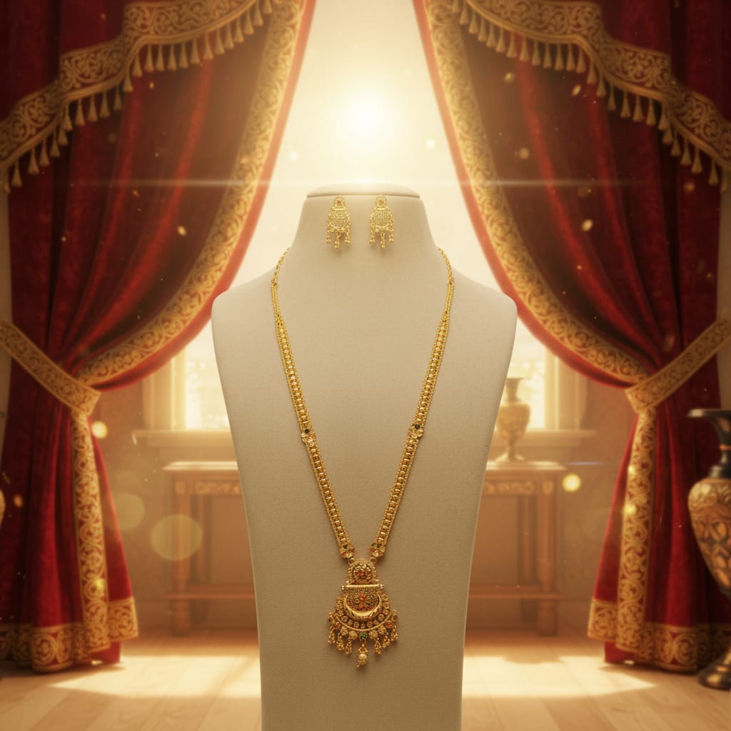 Micro Gold Plated Ranihaar Chain Set with Chand Pendant & Jhumki Earrings | Bridal Long Chain