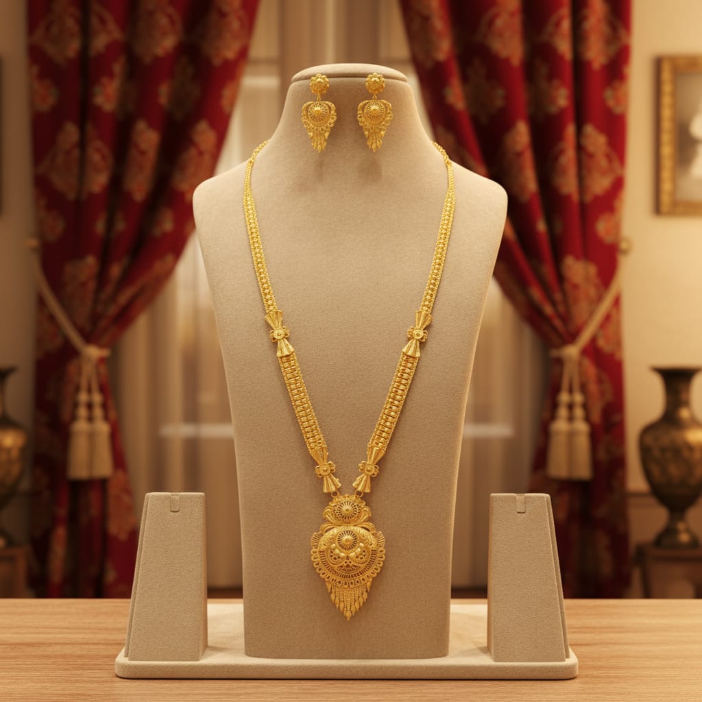 Micro Gold Plated Ranihaar Chain Set with Domed Floral Pendant & Earrings