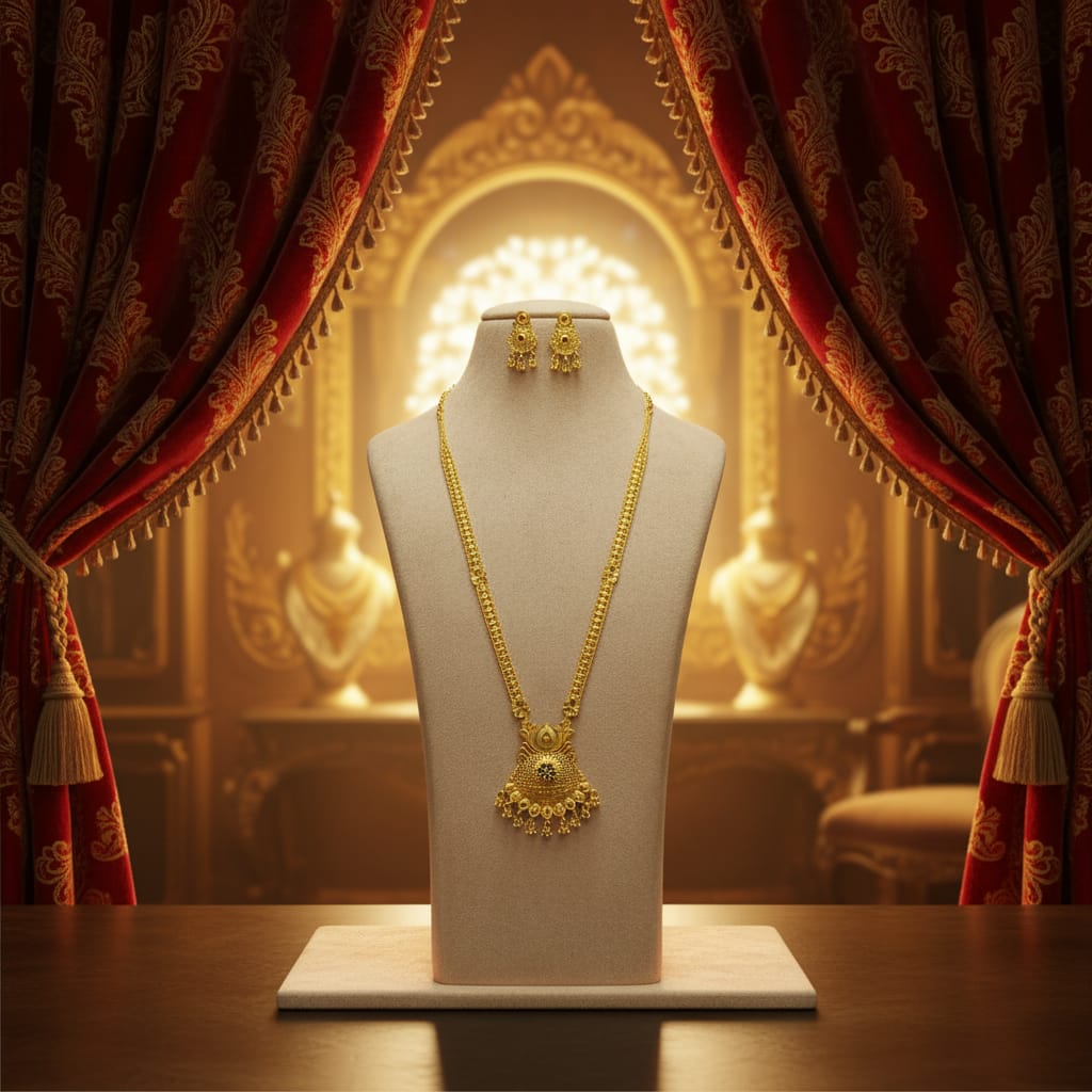 Gold Finish Long Ranihaar Chain Set with Earrings | Antique Floral Pendant