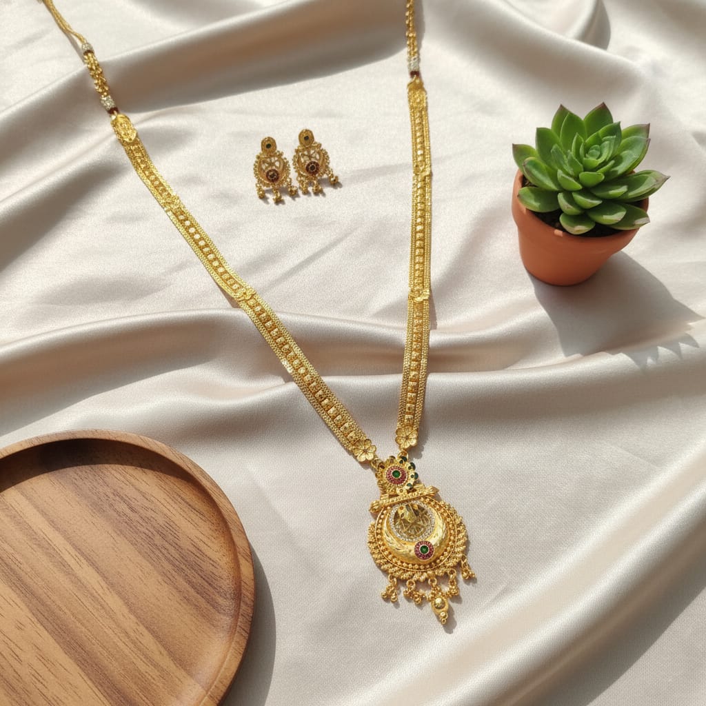Micro Gold Plated Long Chain Set with Earrings