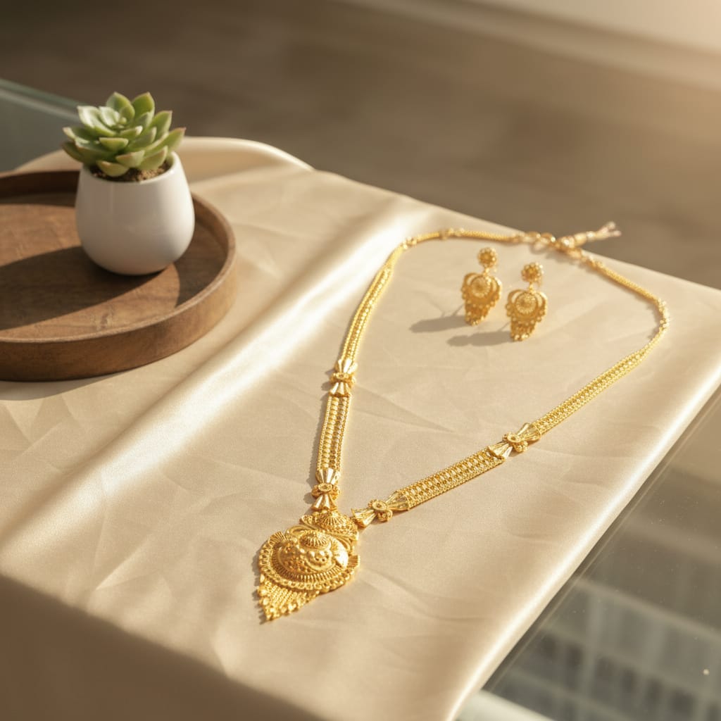Micro Gold Plated Ranihaar Chain Set with Domed Floral Pendant & Earrings