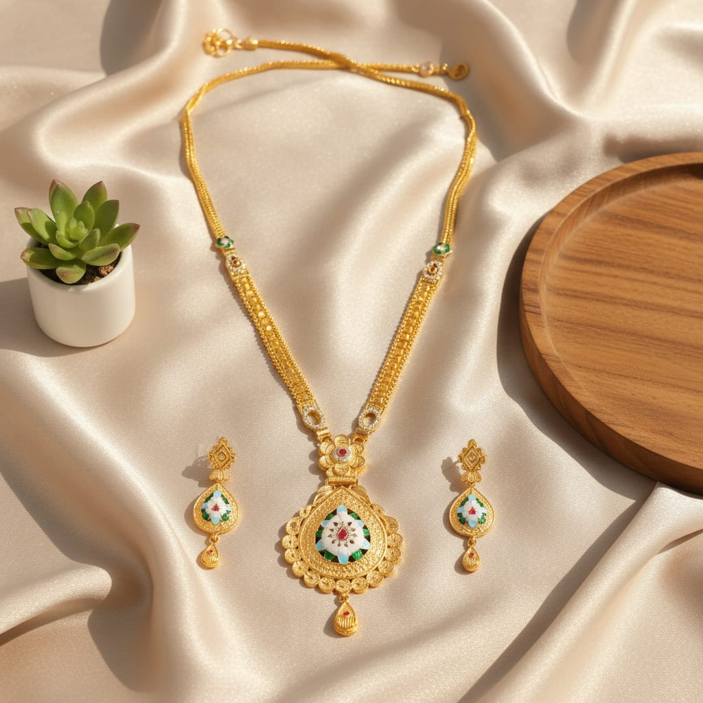 Micro Gold Plated Meenakari Long Chain Set | Bridal