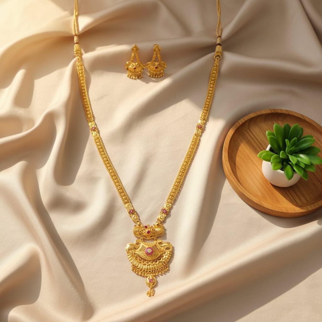 Micro Gold Plated Ranihaar Chain Set with Peacock Fan Pendant & Earrings