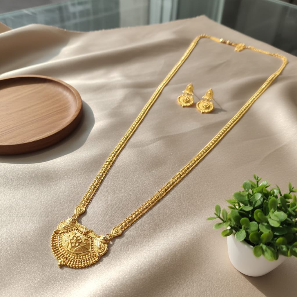 Micro Gold Plated Ranihaar Chain Set with Floral Shield Pendant & Earrings | Bridal Long Chain