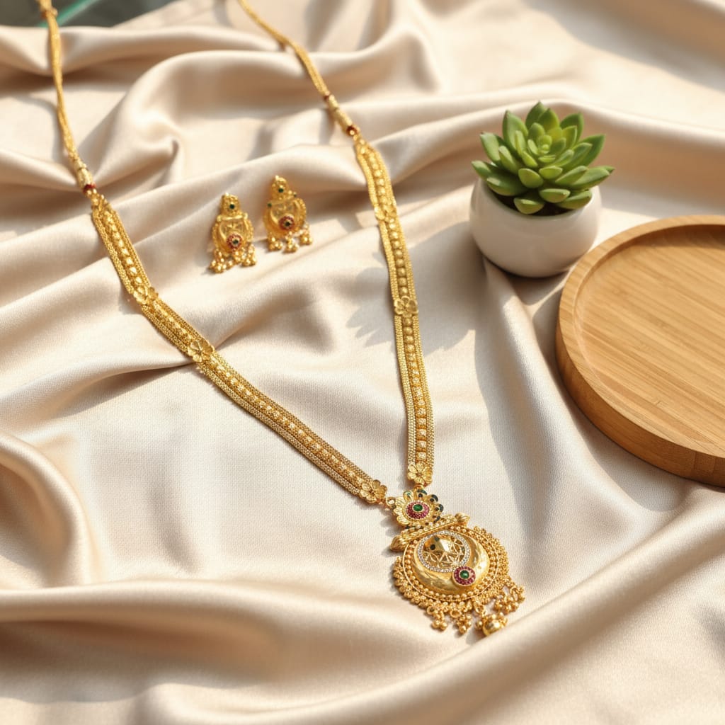 Micro Gold Plated Long Chain Set with Earrings