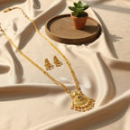 Gold Finish Long Ranihaar Chain Set with Earrings | Antique Floral Pendant