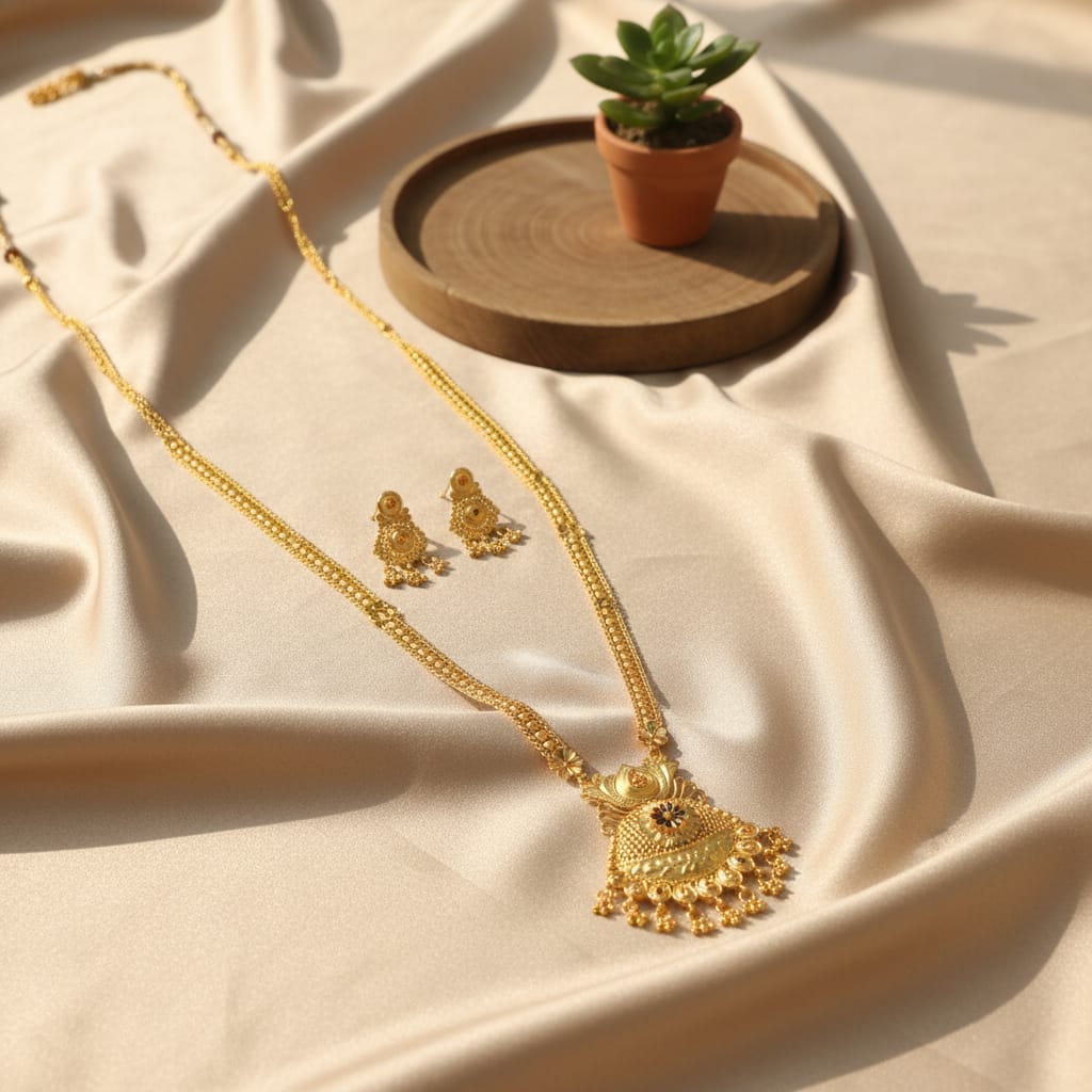Gold Finish Long Ranihaar Chain Set with Earrings | Antique Floral Pendant