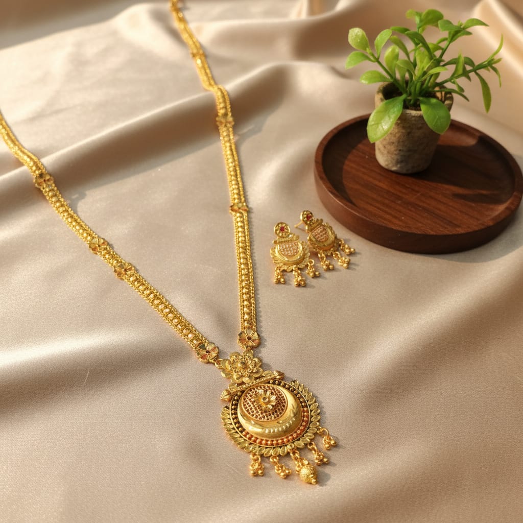 Micro Gold Plated Crescent Moon Long Chain Set with Earrings