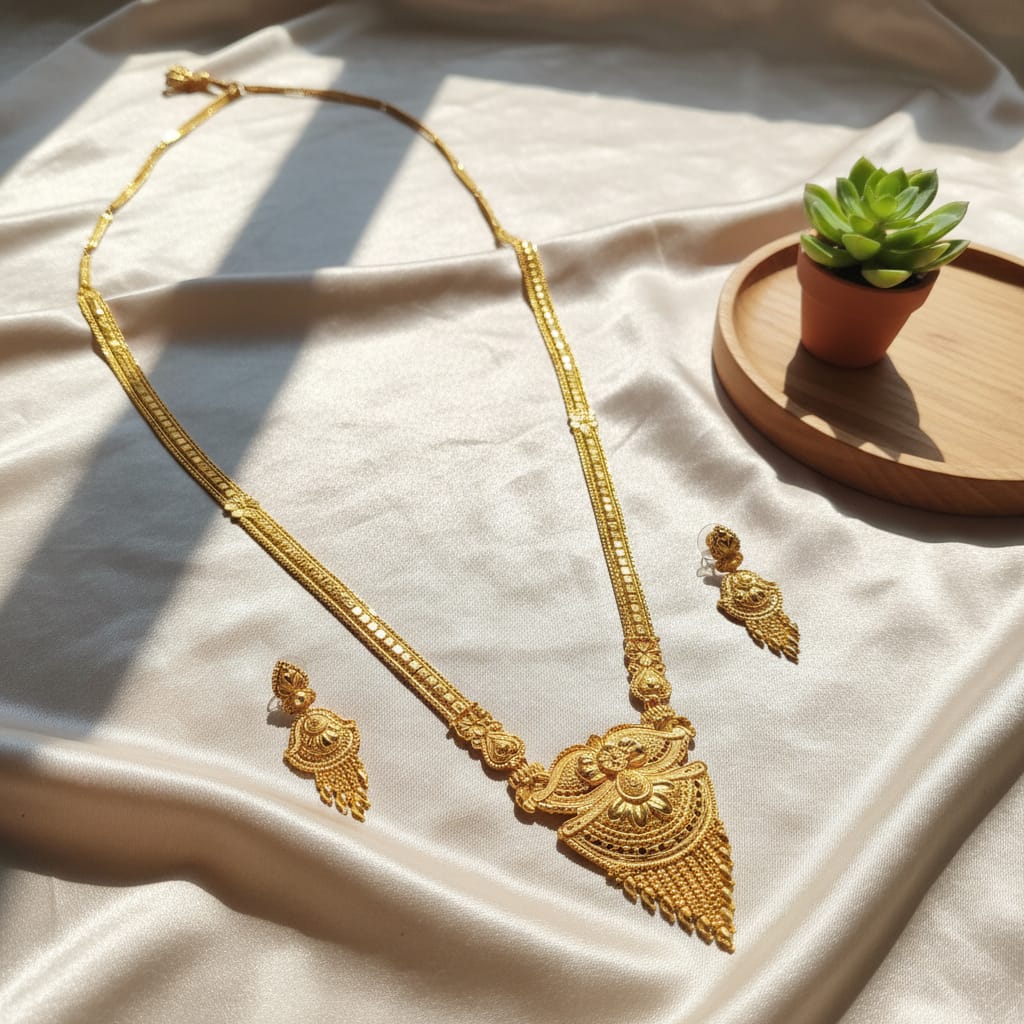 Micro Gold Plated Ranihaar Chain Set & Earrings | Bridal Long Chain