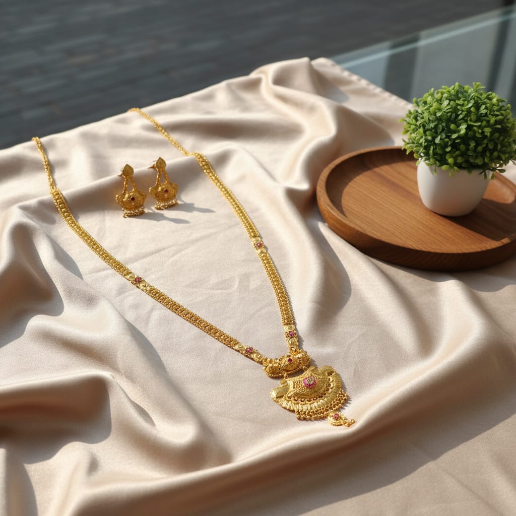 Micro Gold Plated Ranihaar Chain Set with Peacock Fan Pendant & Earrings
