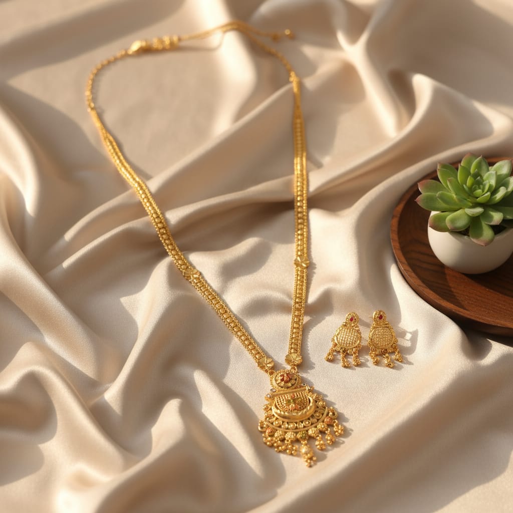 Micro Gold Plated Ranihaar Chain Set with Chand Pendant & Jhumki Earrings | Bridal Long Chain