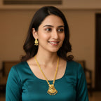 Gold Finish Long Ranihaar Chain Set with Earrings | Antique Floral Pendant