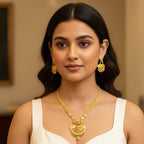 Micro Gold Plated Ranihaar Chain Set with Peacock Fan Pendant & Earrings