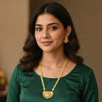 Micro Gold Plated Ranihaar Chain Set with Floral Shield Pendant & Earrings | Bridal Long Chain