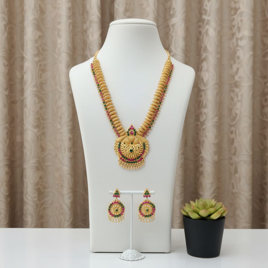 Micro Gold Plated Peacock Temple Long Chain Set with Earrings