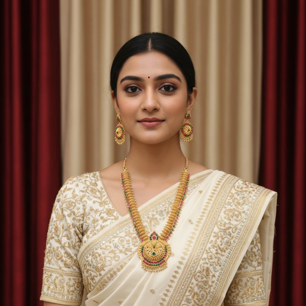 Micro Gold Plated Peacock Temple Long Chain Set with Earrings