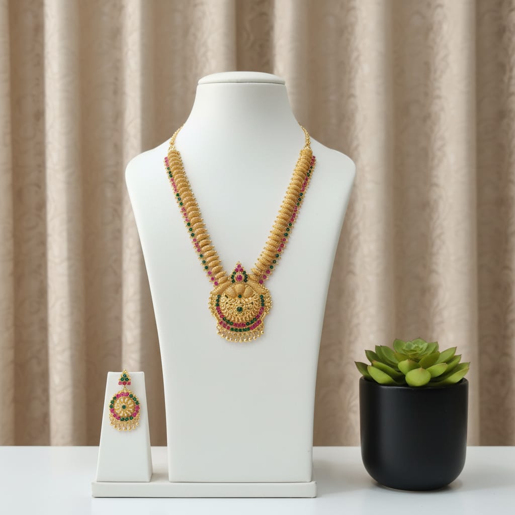 Micro Gold Plated Peacock Temple Long Chain Set with Earrings