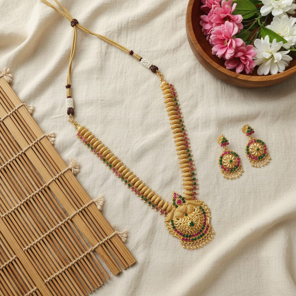 Micro Gold Plated Peacock Temple Long Chain Set with Earrings