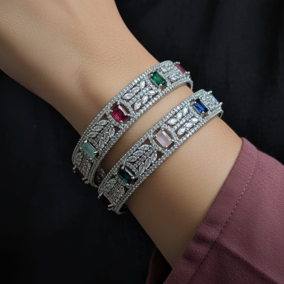 CZ Rhodium Bangles with Multicolour Stones