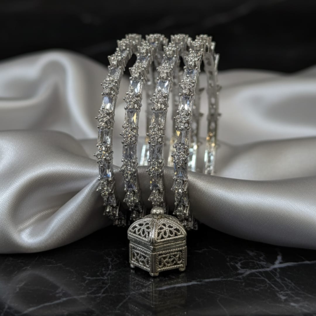 CZ Rhodium White Crystal Baguette Bangles