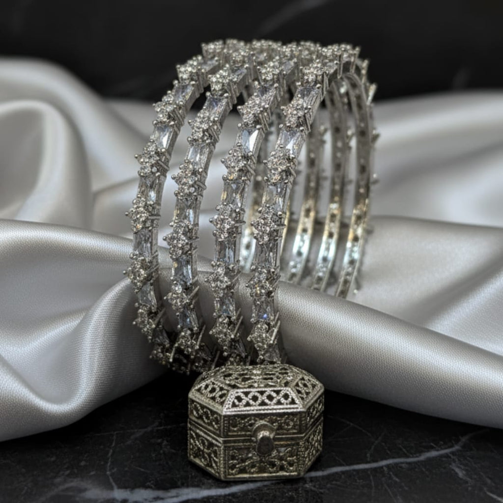 CZ Rhodium White Crystal Baguette Bangles