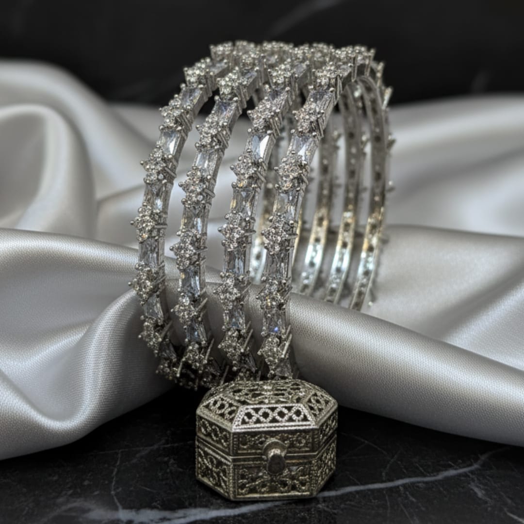 CZ Rhodium White Crystal Baguette Bangles