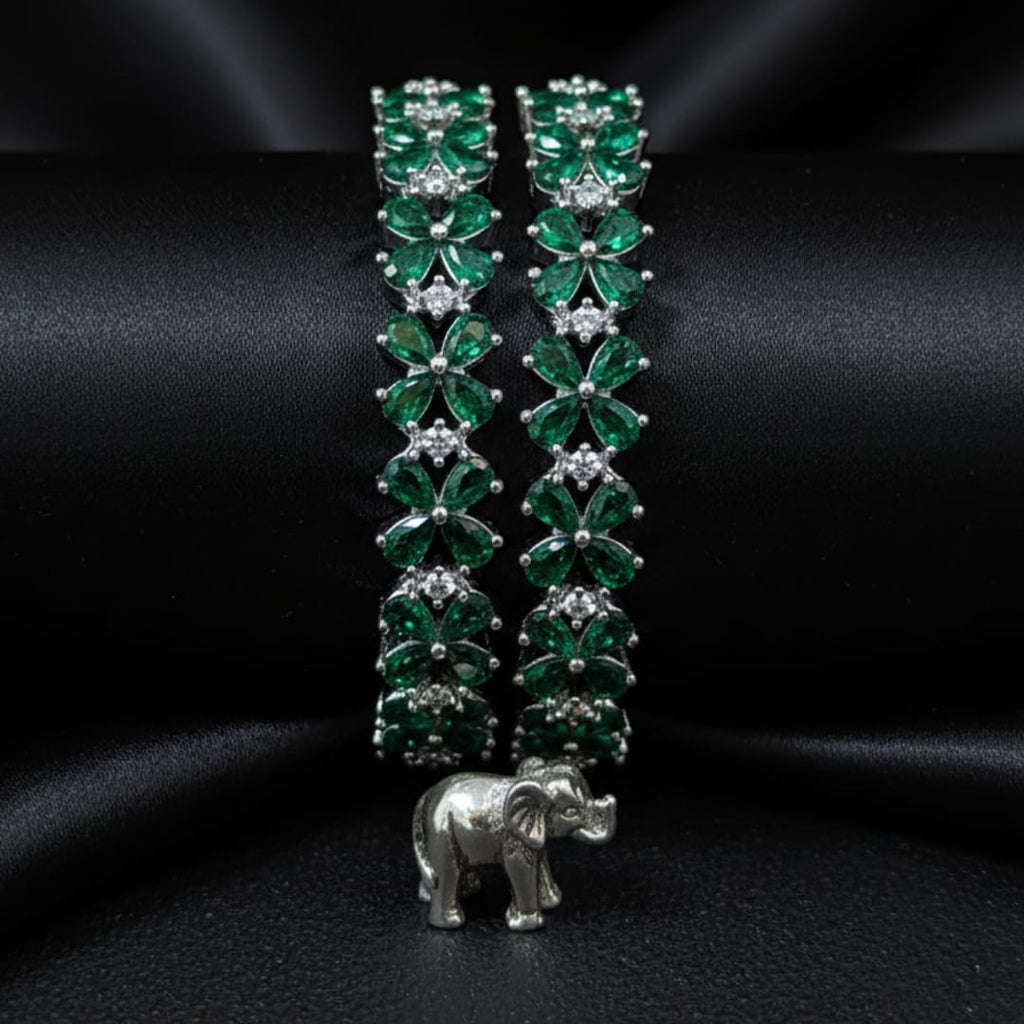 CZ Rhodium Emerald Green Flower Bangles