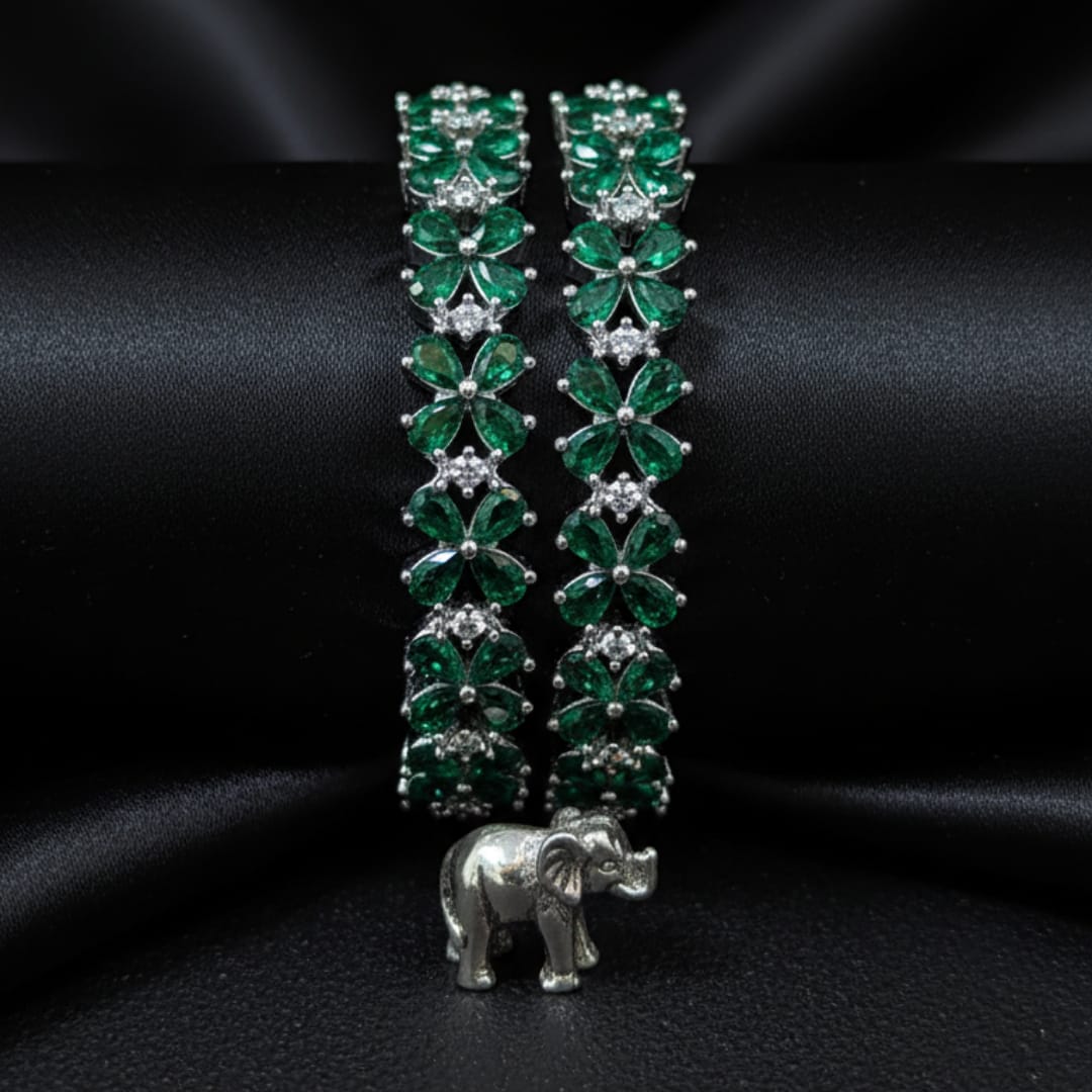 CZ Rhodium Emerald Green Flower Bangles