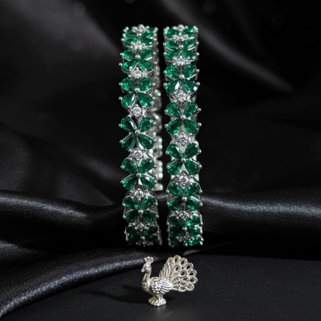 CZ Rhodium Emerald Green Flower Bangles