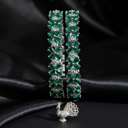 CZ Rhodium Emerald Green Flower Bangles