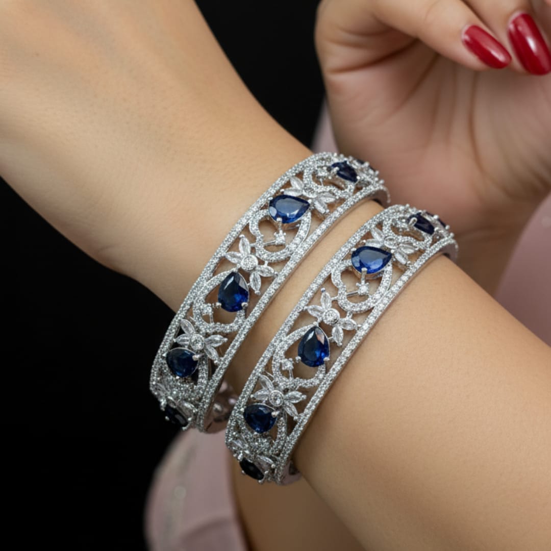 CZ Rhodium Sapphire Blue & White Floral Bangles