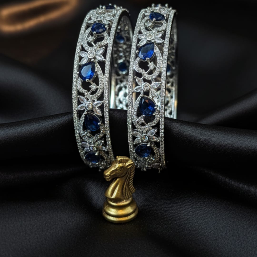 CZ Rhodium Sapphire Blue & White Floral Bangles