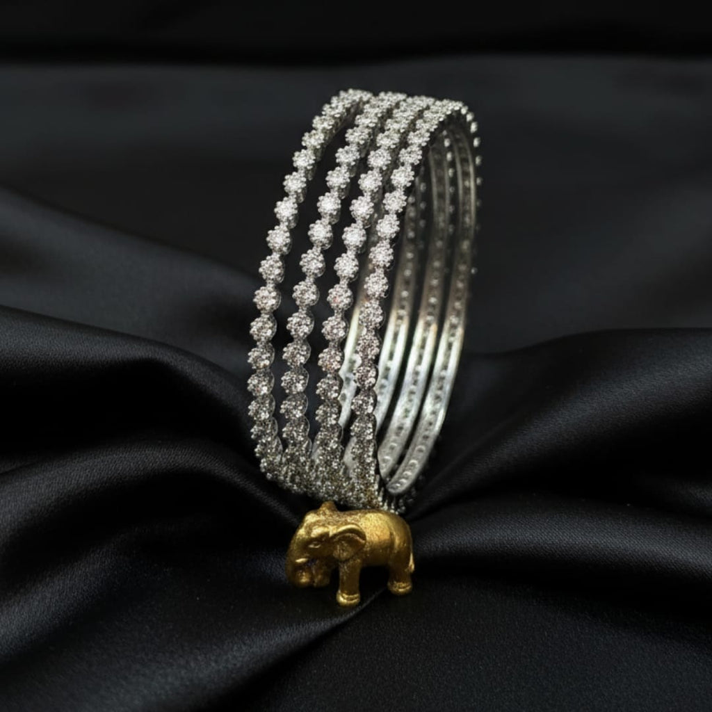 CZ Rhodium White Solitaire Flower Bangles Set of 4