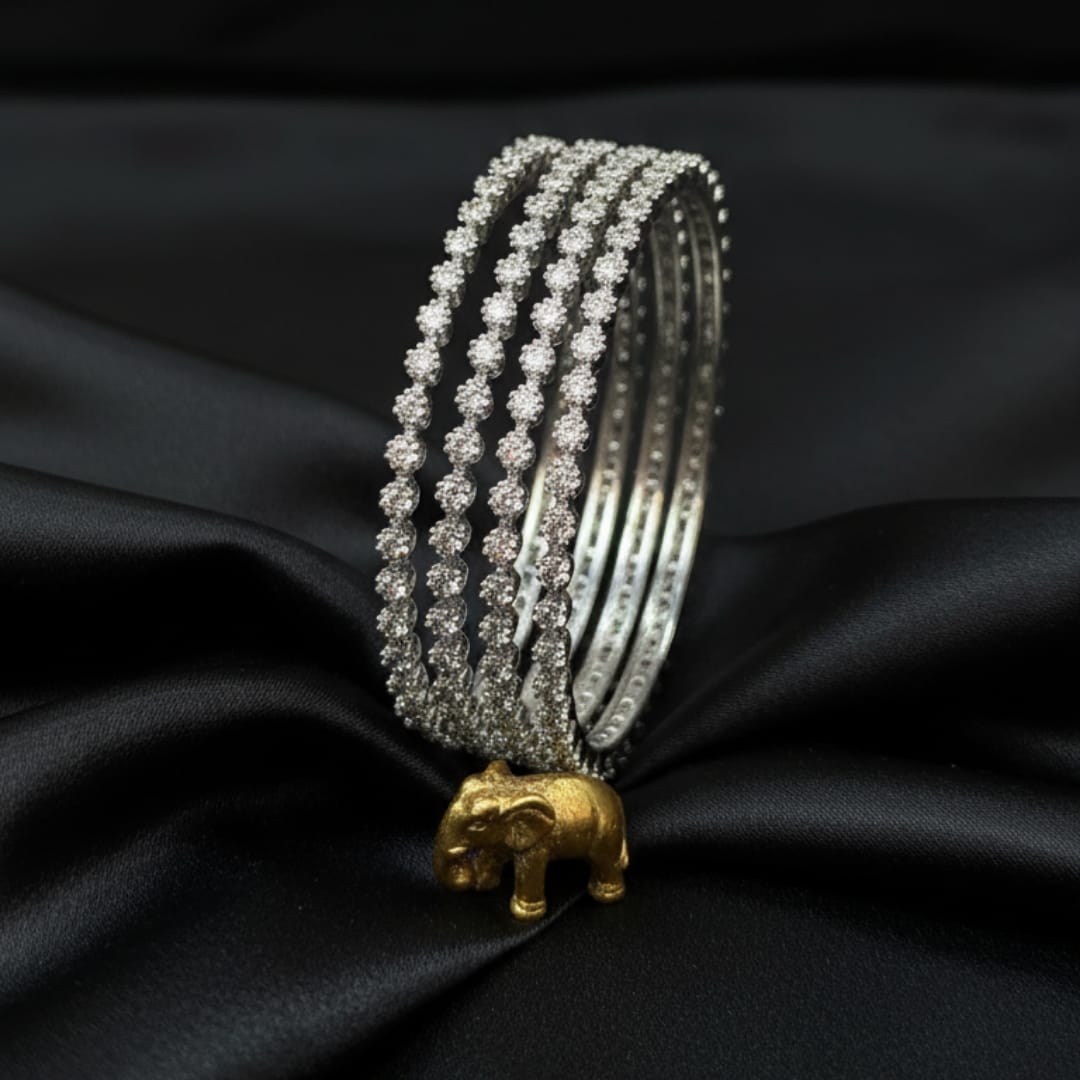 CZ Rhodium White Solitaire Flower Bangles Set of 4