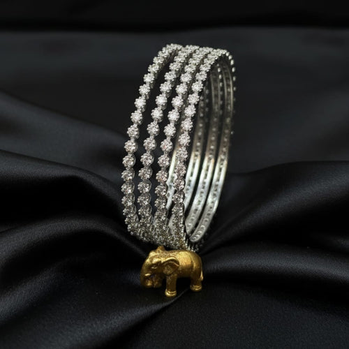 CZ Rhodium White Solitaire Flower Bangles Set of 4