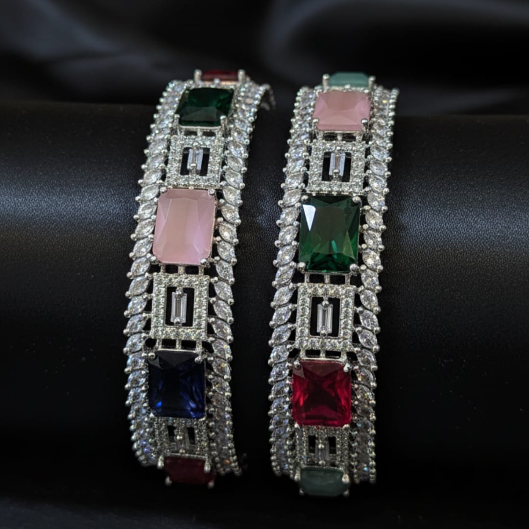 CZ Rhodium Multicolour Square Stone Bangles
