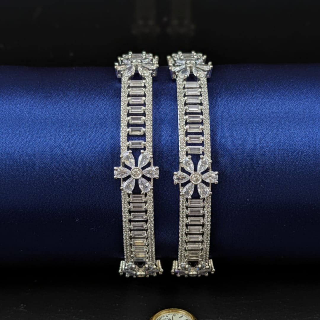 CZ Rhodium Baguette & Daisy Flower Bangles