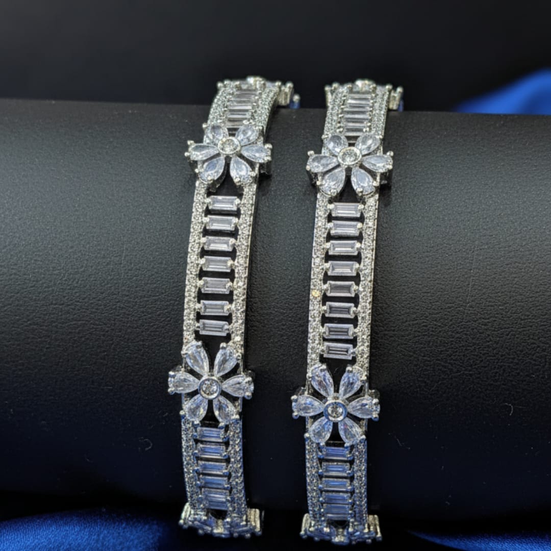 CZ Rhodium Baguette & Daisy Flower Bangles