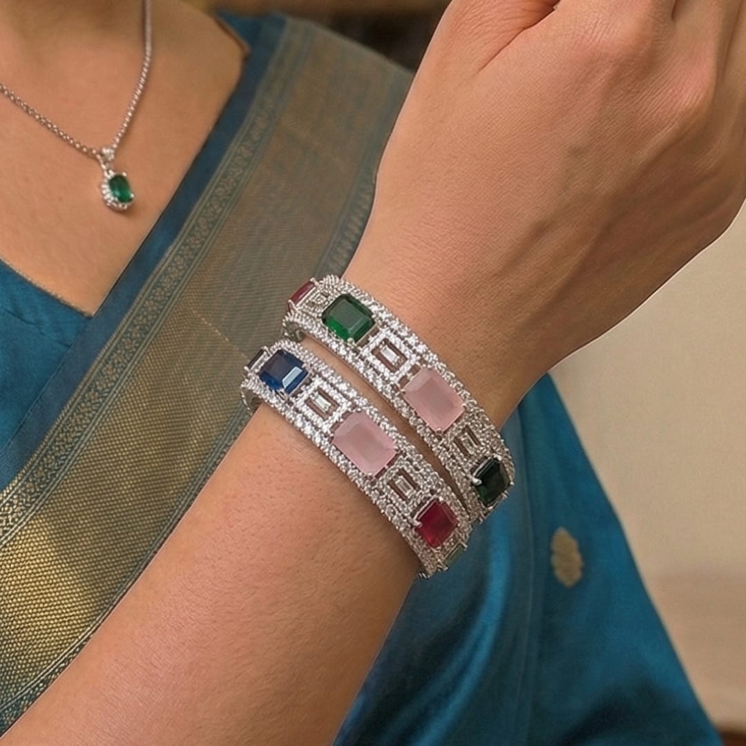CZ Rhodium Multicolour Square Stone Bangles